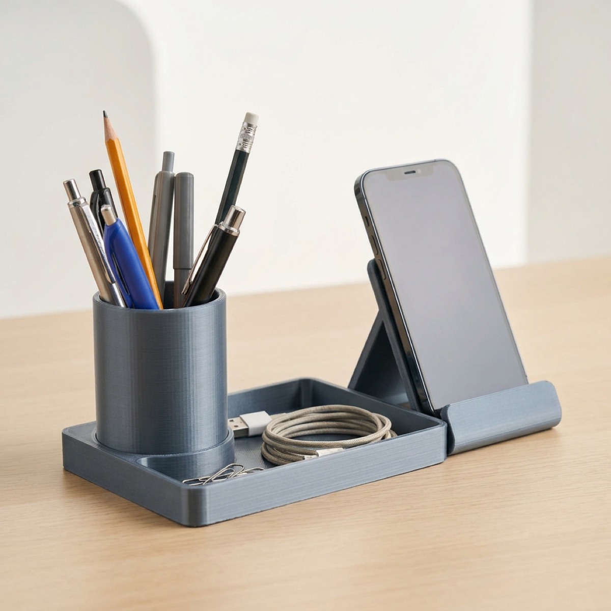 3D-printed desk organizer and phone stand