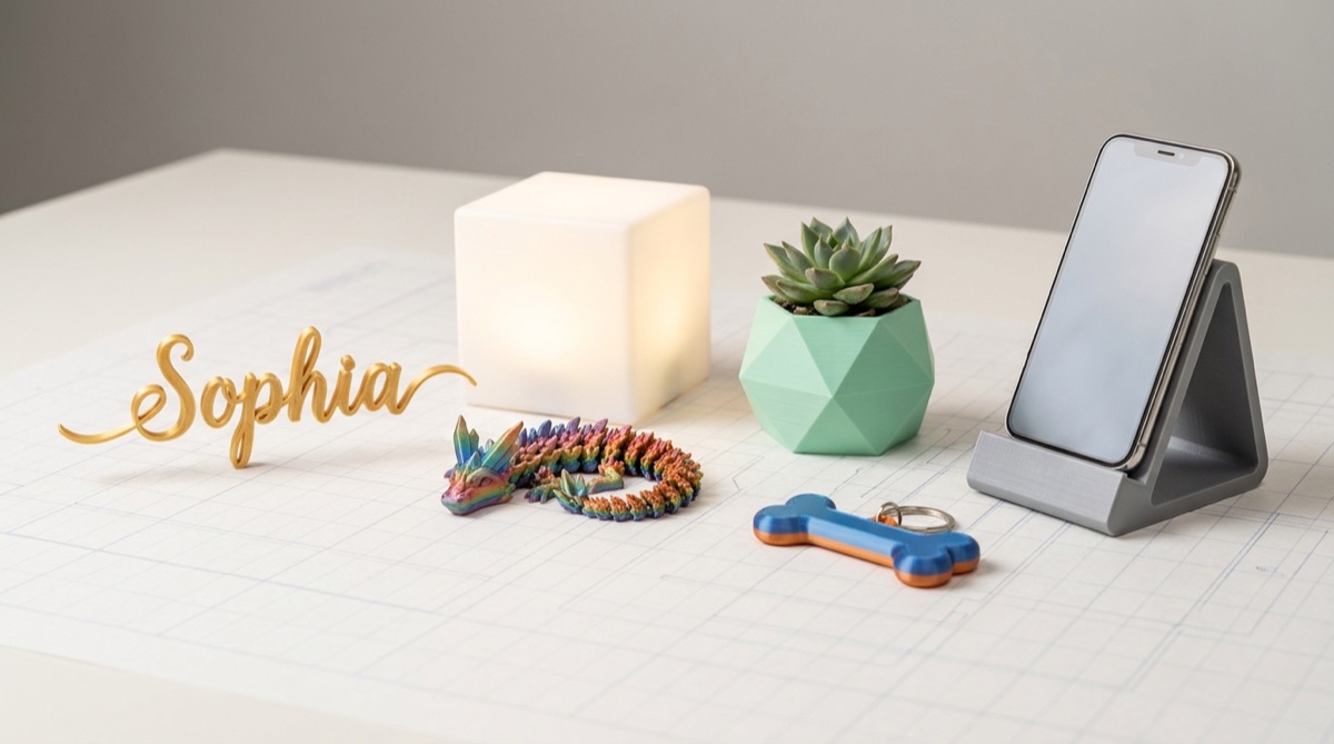 A colorful arrangement of 3D-printed products: a gold script place card, a rainbow flexi dragon, a glowing photo light box, a planter, a dog keychain, and a phone stand