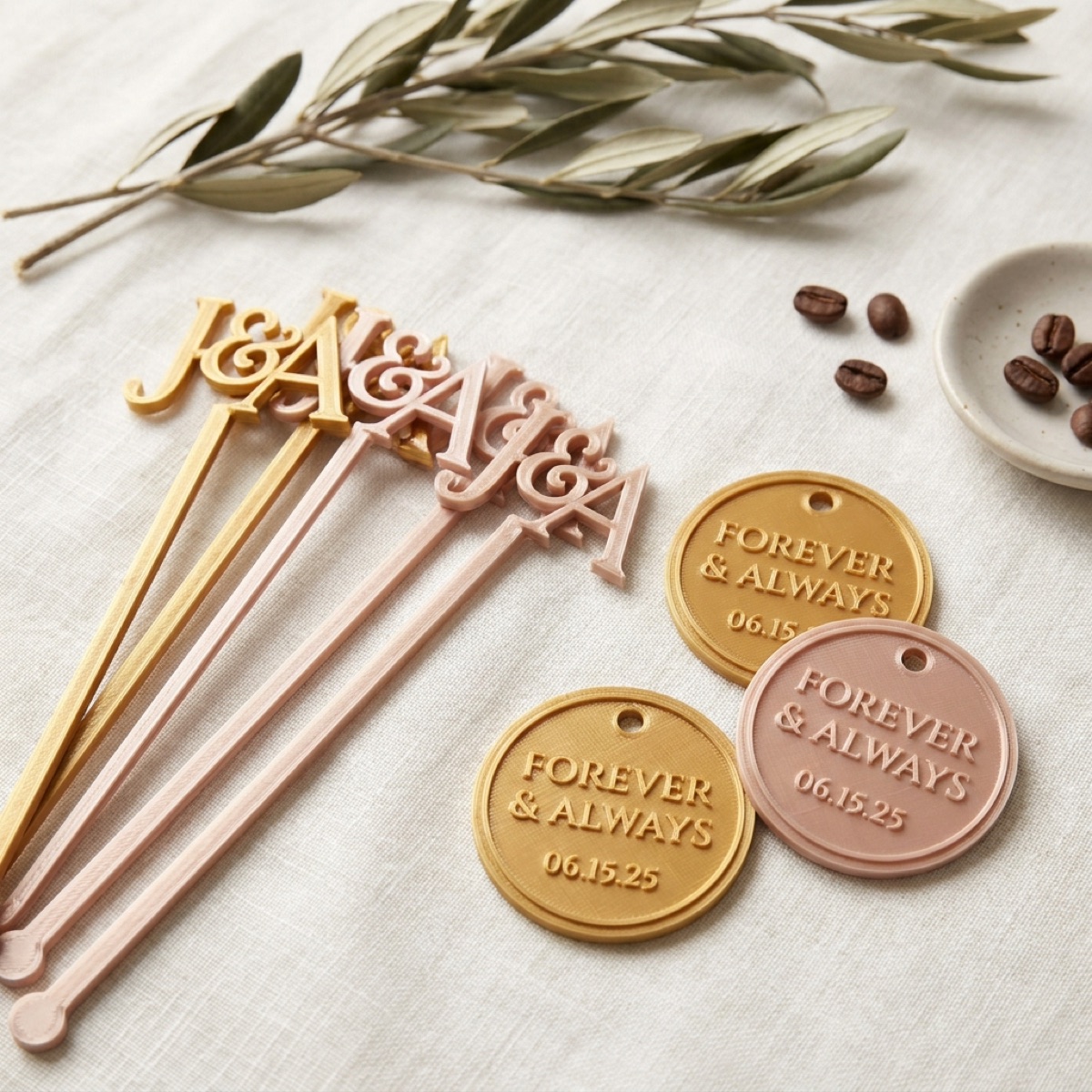 3D-printed monogram drink stirrers and favor charms