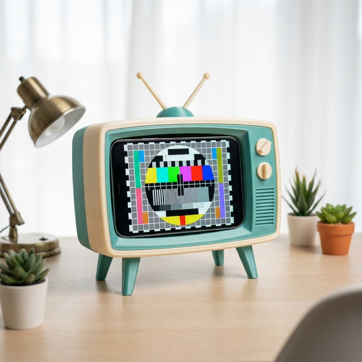 3D-printed novelty retro-TV phone stand