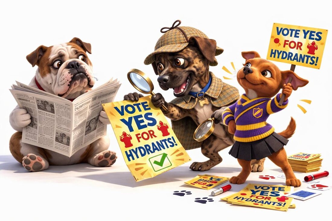 Cover of Jiggs and Glo, Book One — a bulldog reading a newspaper, a brindle detective dog in a deerstalker cap with a magnifying glass, and a reddish-brown dog in a striped sweater holding a 'Vote Yes for Hydrants!' sign